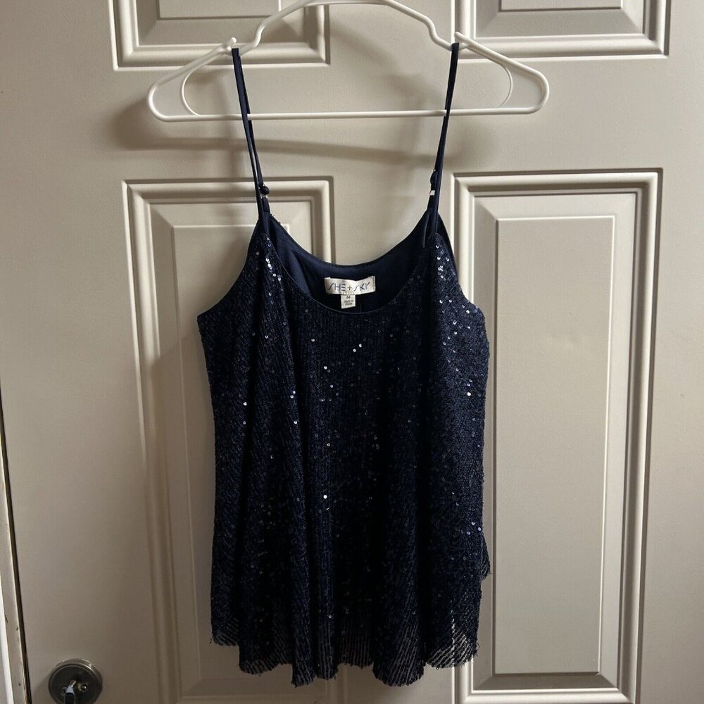 She + Sky Sequins Navy Blue Formal Top Size Medium